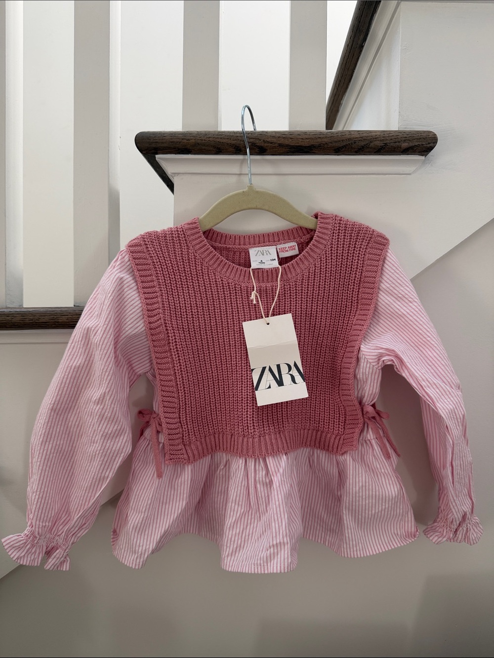 Zara Pink Layered Knit Vest Over Striped Blouse
